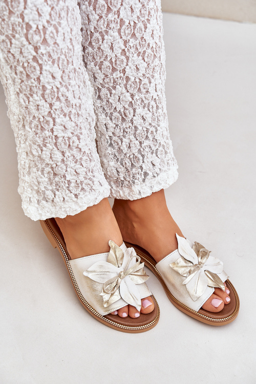 Pantofle S Dekorací Přírodní Kůže Zazoo 3667 Zlatý Opraný