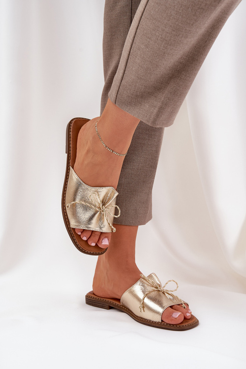 Pantofle Na Ploché Podešvi S Ozdobnou Mašlí Zlaté Deonelis