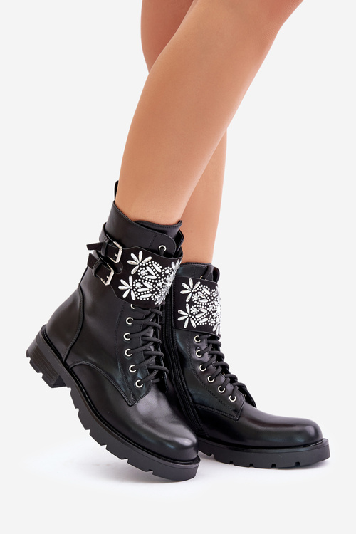 Zateplené pracovní boty s ozdobným pásem a přezkami černé Viveria