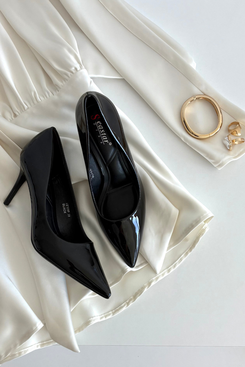 Lakovanej Eko Kožené Dámske Lodičky S Špicatými Nosmi Čierne Jadira