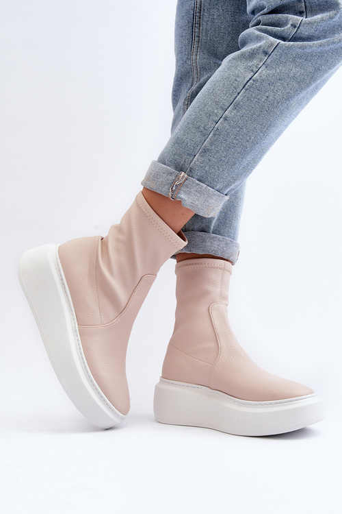 Zazoo 3395 Dámske kožené členkové topánky na masívnej platforme béžové