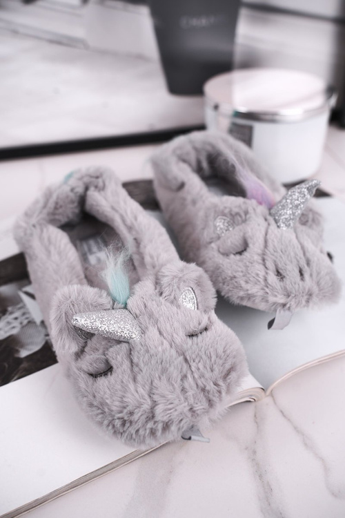 Dámské Pantofle s Kožešinou Jednorožci šedé Rainbow