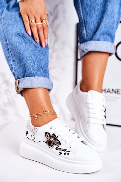 Dámske športové topánky tenisky s muškami biely strieborný amour