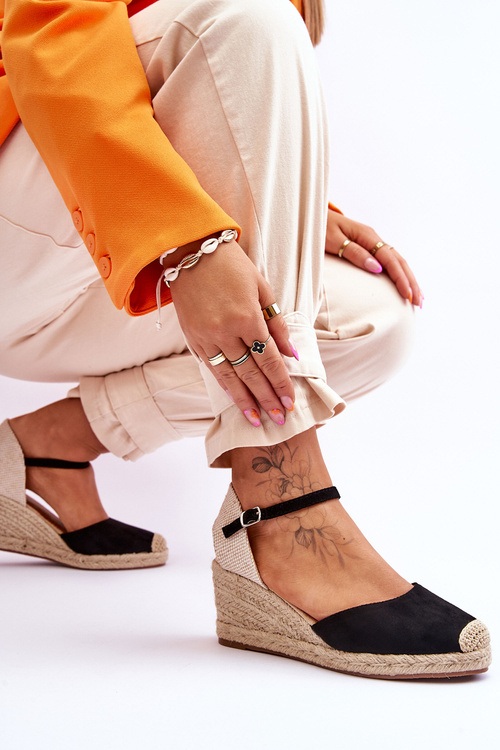 Suede Espadrilky sandály na klínu Černá Cammer