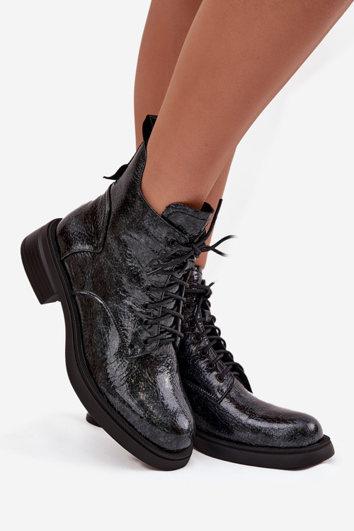 Lakované kožené dámské kotníkové boty na klínu D&A LZ52-954 tmavě modré