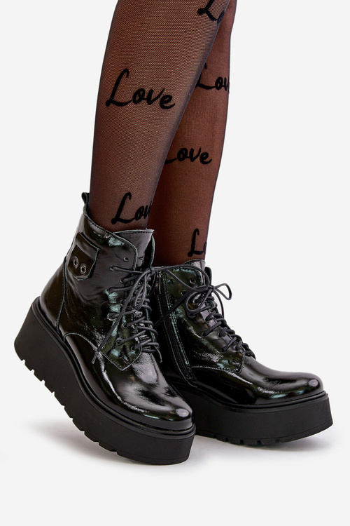 Zazoo 60499 Lakované Dámské Botky Na Platformě A Klínu Zateplené Přírodní Kůže Tmavě Zelené