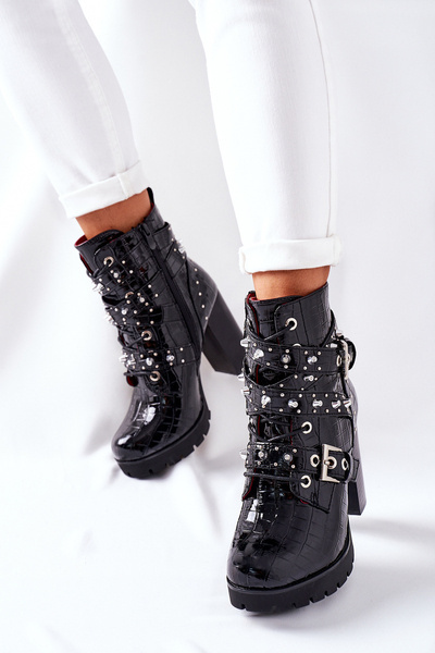 Čižmy na post čierne lakované Wombridge Krokodíl