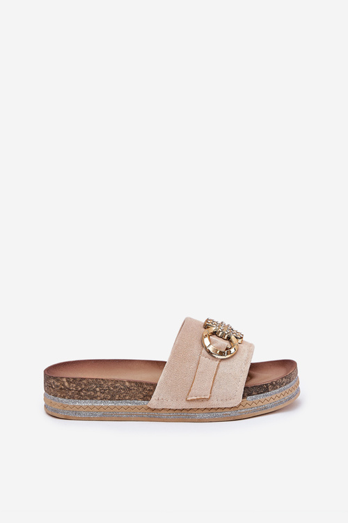 Dámské Pantofle Na Platformě S Leskem A Zlatou Dekorací Béžové Rilirea