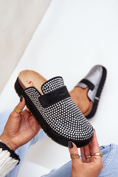 Dámské pantofle zdobené zirkony na platformě černé Deorani