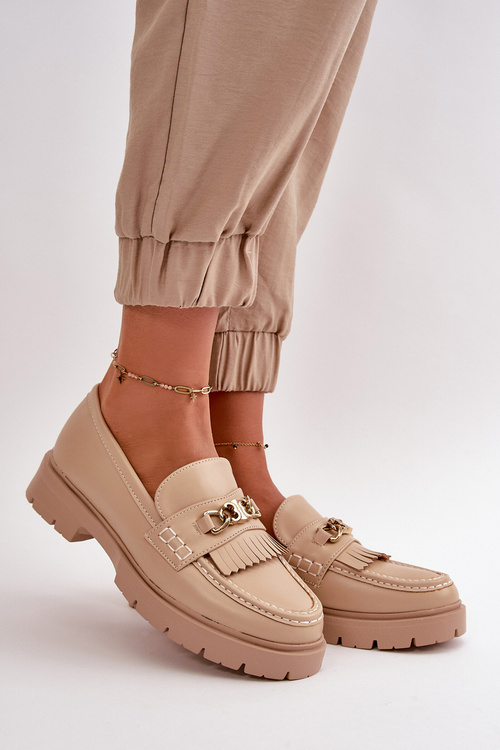 Eko Kožené Dámské Mokasíny S Zlatým Ozdobou Bežové Zanita