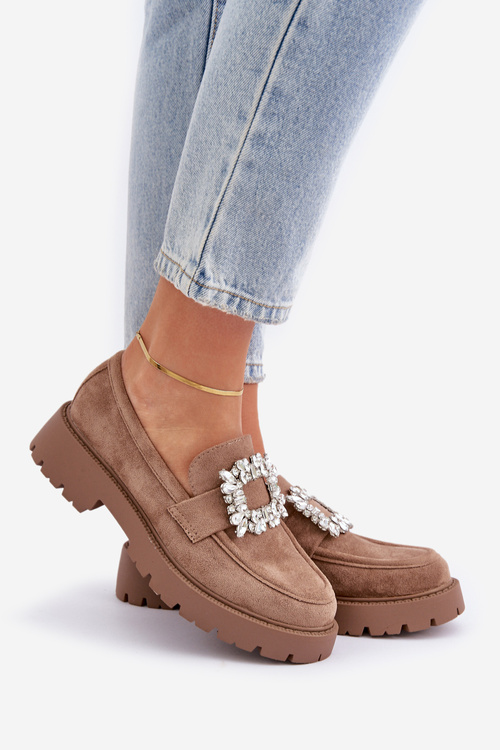 Eko Semišové Dámske Mokasíny S Ozdobnou Brošňou Tmavo Béžové Valiana