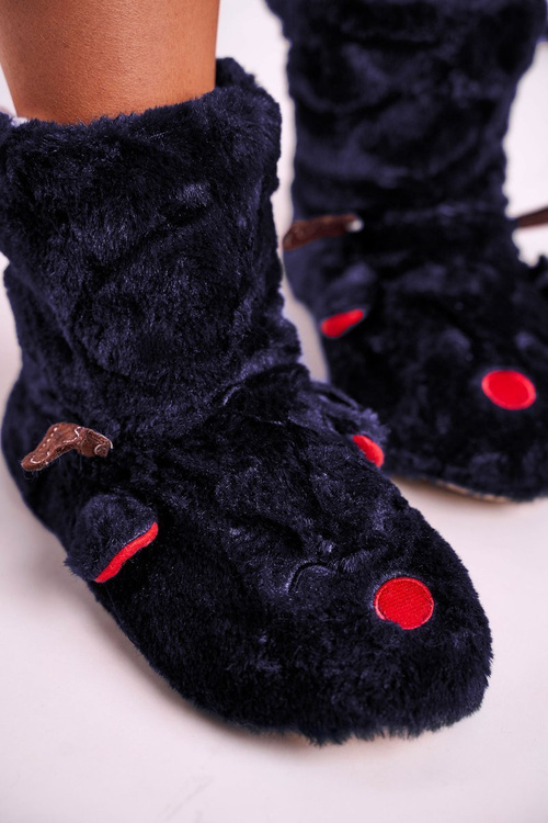 Vánoční Teple Pantofle Se SobemZ Kůže Tmavě Modré Rudolph
