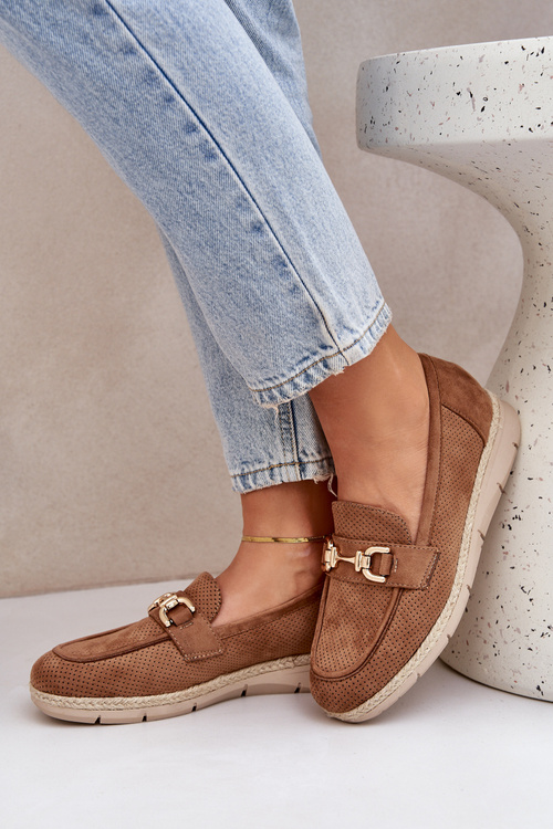 Prodyšné mokasíny se zlatým detailem a jutovou pleteninou hnědé Lainer