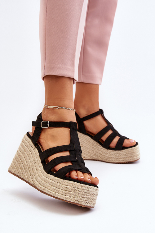 Sandále S Klinovou Pätkou S Pletenou Páskou Čierne Gnosis