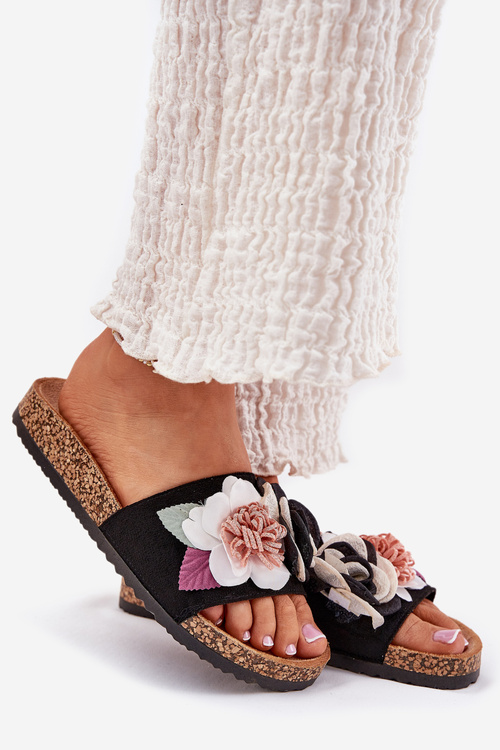 Dámské Pantofle S Květinami Na Korkové Platformě Černé Zinrosa