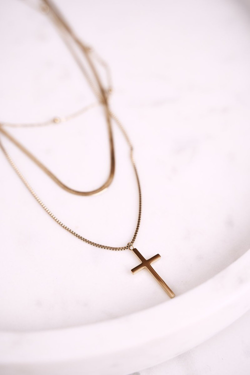 Dámský Náhrdelník Trojitý s Křížkem Zlatý Triple