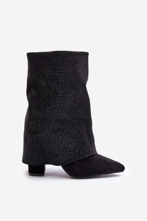 Zdobené Lesklé Kotníkové Boty S Otočeným Svrškem Na Podpatku Zateplené Černé Xistaria