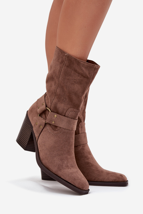 Dámské boty zateplené na podpatku s pásky a ozdobným detailem hnědé Neria