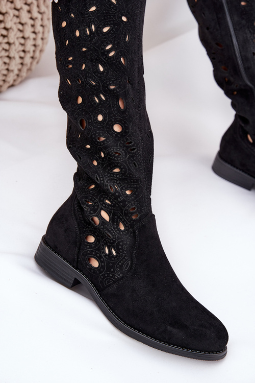 Dierkované Čižmy Na Ploškom Opätku Čierne HY51-176