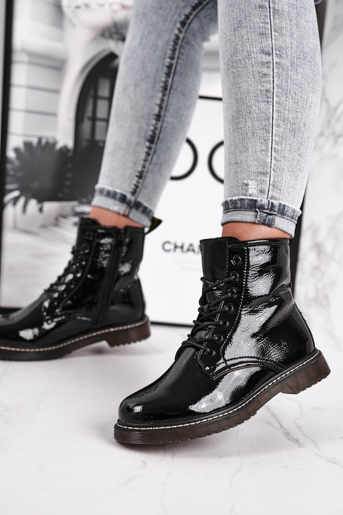 Dámské Kotníkové Ploché Boty Lakované Cerné Marita