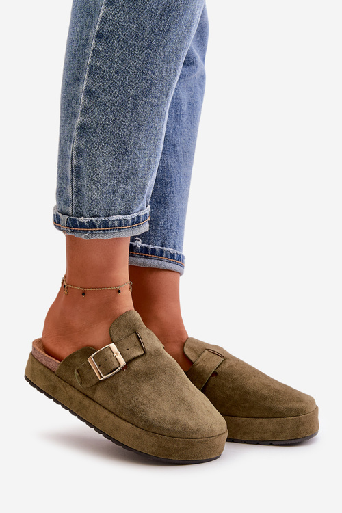 Dámské Pantofle Chodaky Na Platformě Se Zlatou Sponou Tmavě Zelené Terilaina