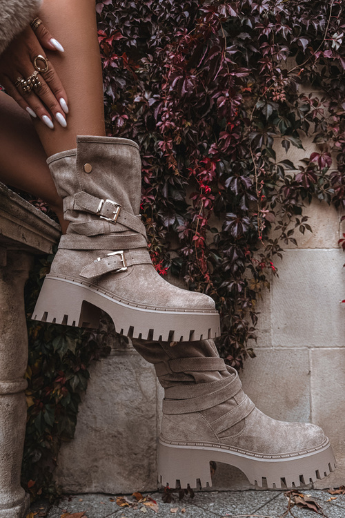 Dámske čižmy na hrubom podpätku s prackami a pásom béžové Nerelisa