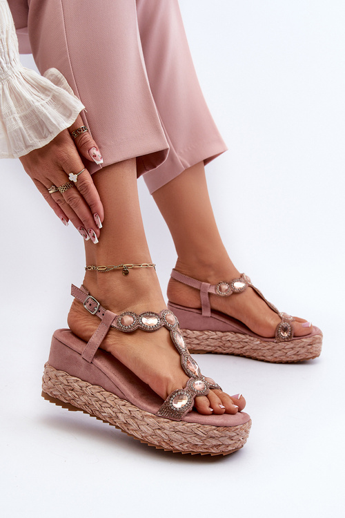 Dámske sandále na klinčeku s pletením S.Barski MY291 Ružové
