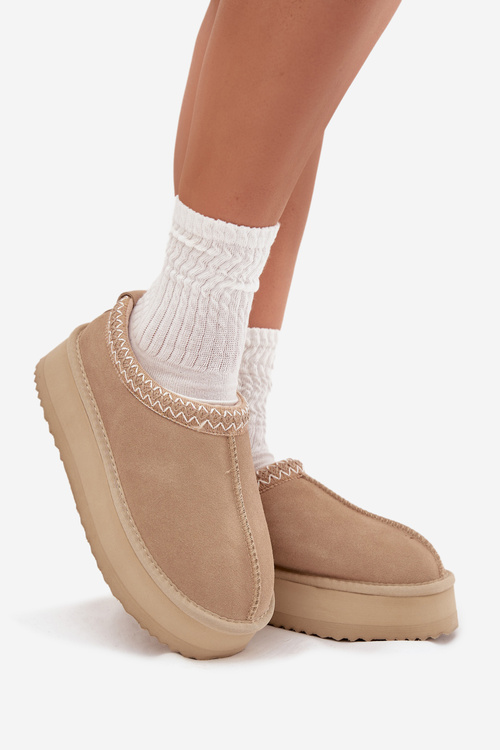 Nízke semišové zimné čižmy pre ženy s výšivkou na platforme Vinceza 97960 béžové