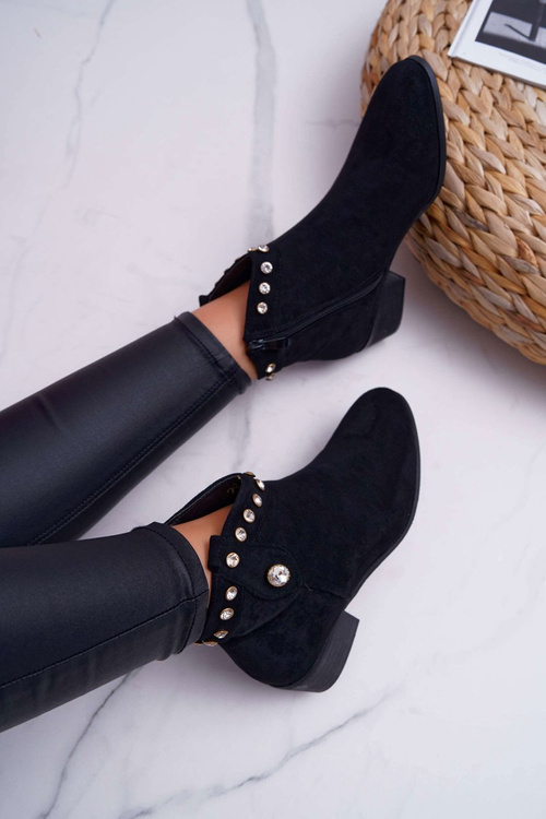 Dámske ploché topánky, kovbojské topánky s kubickými zirkónmi, čierna patti