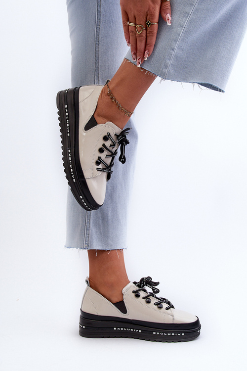 Šnurovacie dámske poltopánky na platforme Prirodzená koža Bežové S.Barski LR620