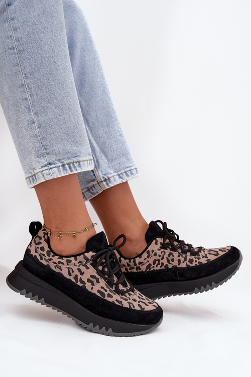 Semišové zateplené dámske tenisky na platforme Vinceza 66836 Leopard Potlač Čierne