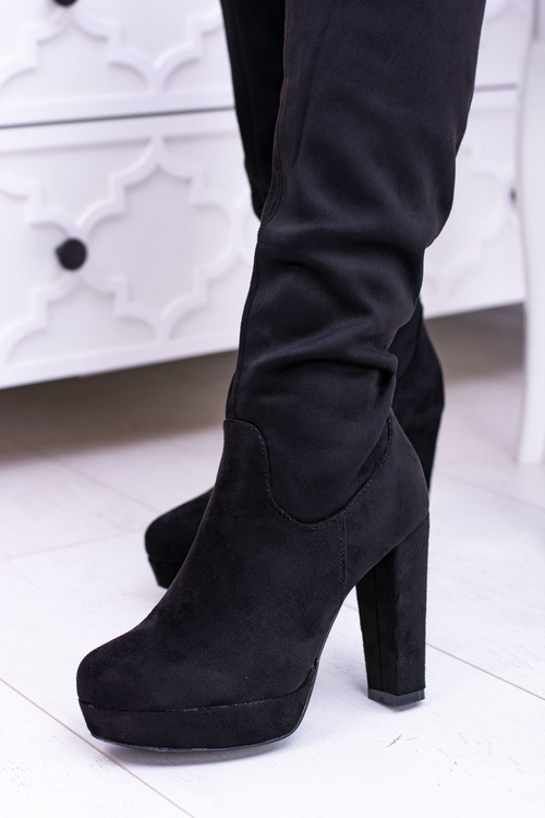 Černé dámské semišové vysoké kozačky na patě a platformy Sergio Leone KZ296