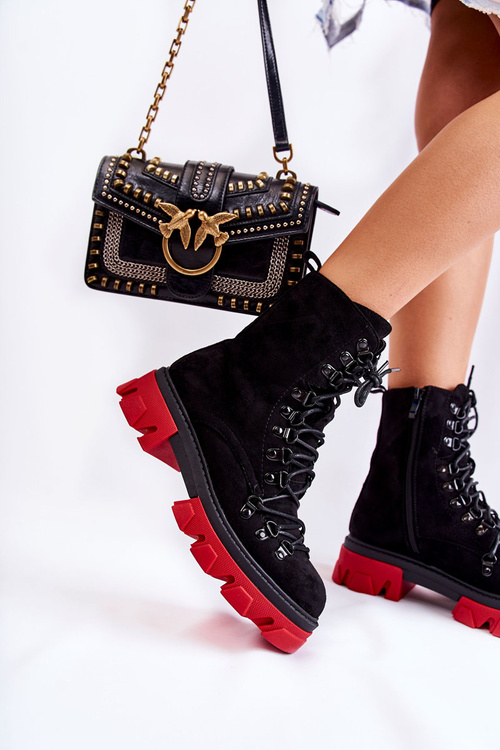 Teplé semišové boty dělnické vázané černé-Červené Pierro