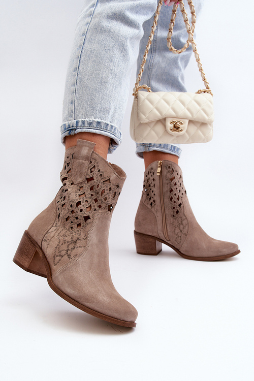 Zazoo 3394 Dámské botky na podpatku Ažurové Cappucino