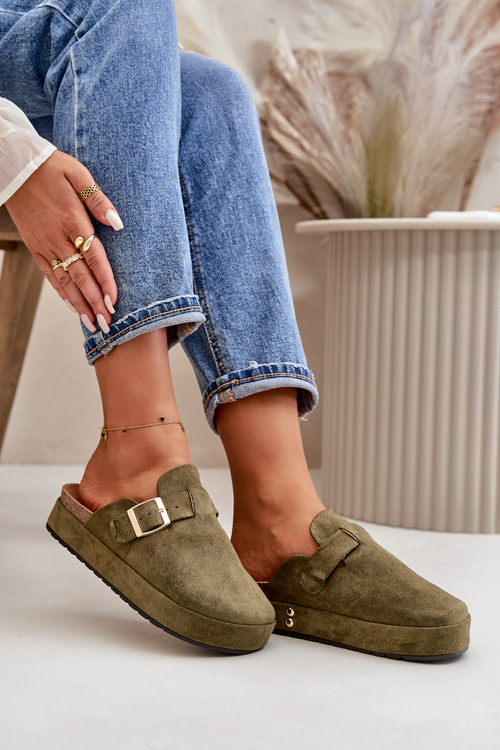 Dámské Pantofle Chodaky Na Platformě Se Zlatou Sponou Tmavě Zelené Terilaina