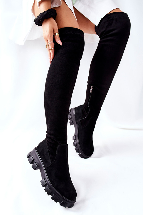 Semišové topánky cez koleno na zipsovom čiernom crene