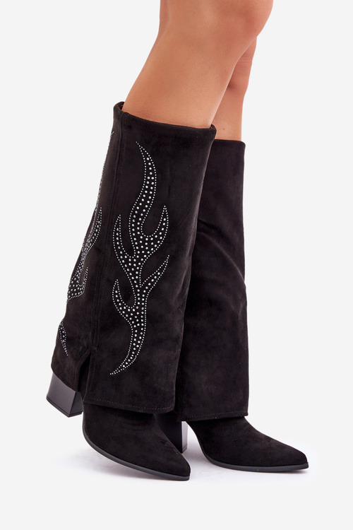 Zdobené čižmy s prevráteným zvrškom na podpätku čierne Ivilta
