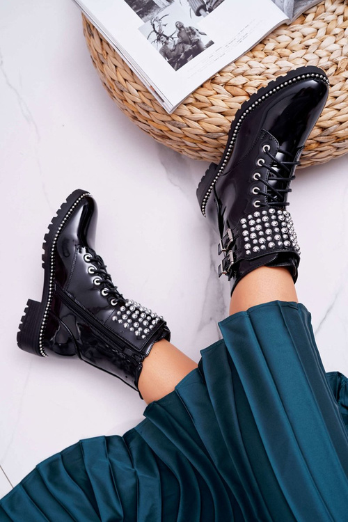 Dámské Kotníkové Boty Military Lakované Černé Bemmer