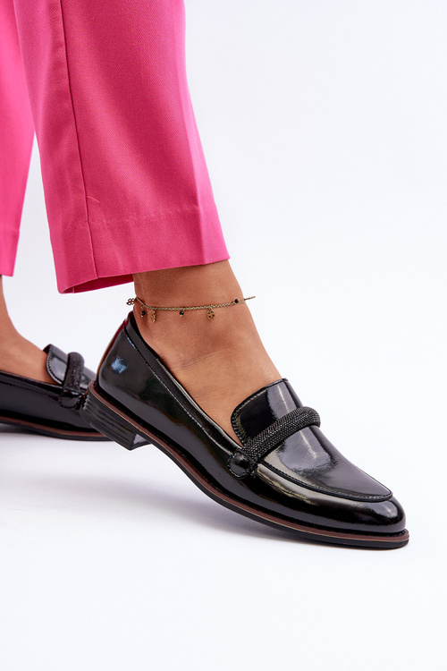 Dámské lakované kožené mokasíny s ozdobným páskem Černé Saosin