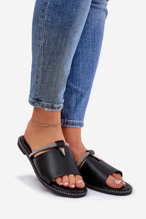 Eko Kožené Šľapky Na Plochosť S Dekoratívnym Pásom Čierne Hirtewi