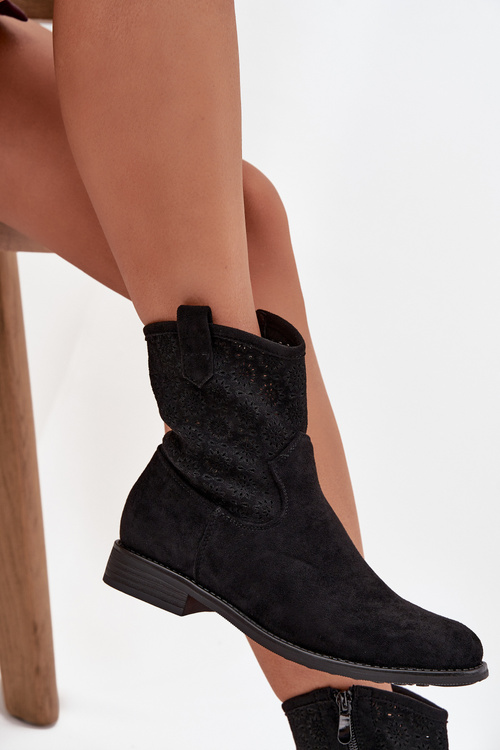 Dámske členkové topánky na nízkom opätku s otvoreným vzorom S.Barski HY52-530 Čierne