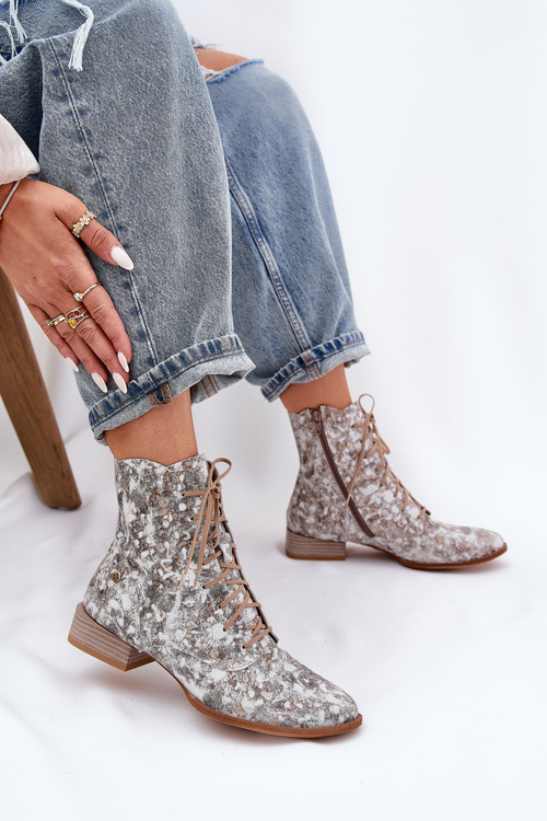 Kožené Vzorované Kotníkové Boty Na Ploché Podpatky Maciejka 06391-25 Béžové