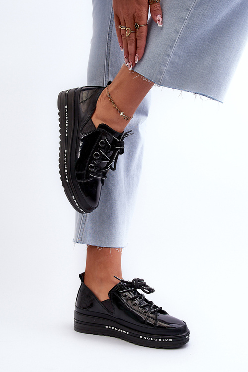 Šněrovací dámské polobotky na platformě z přírodní kůže S.Barski LR620 Černé