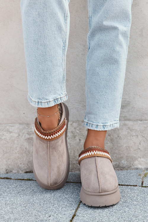 Dámské sněhule nízké s pohyblivým páskem a výšivkou na platformě tmavě béžové Lyrisse