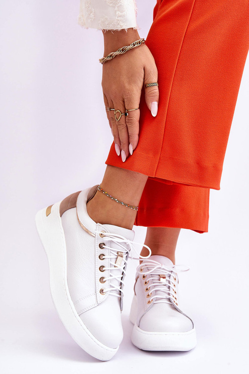 Dámská kožená sportovní obuv na platformě bíle Caressa