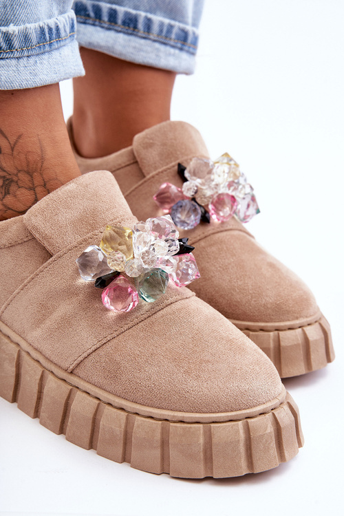 Modní Sportovní Slip-on Boty Polobotky s Ozdobou Tmavě Béžovou Desire