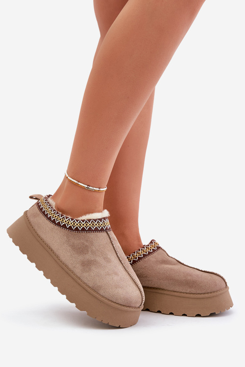 Sněhové pantofle na platformě s výšivkou tmavě béžové Tamilda