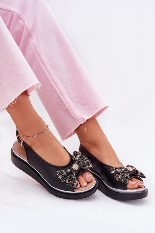 Dámske kožené sandále na klíne s mašľou Zazoo 1882 čierne