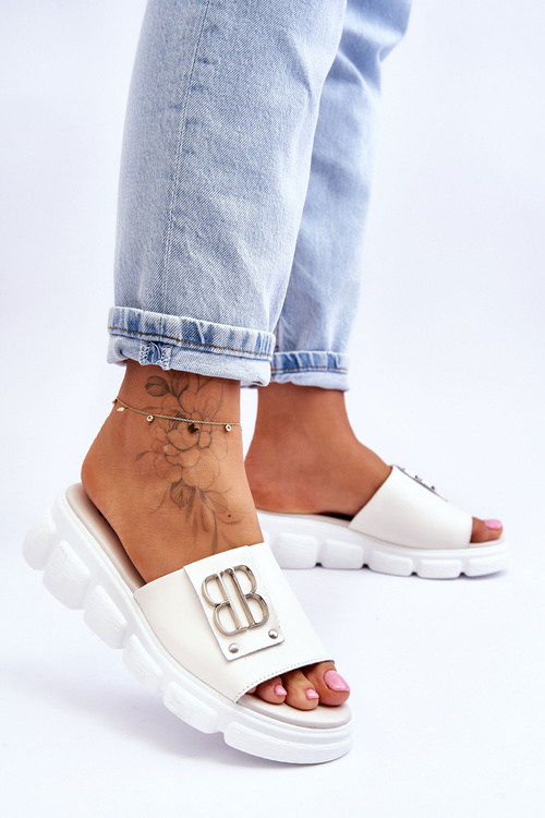 Dámské kožené pantofle na platformě s ozdobou Béžové Monroe