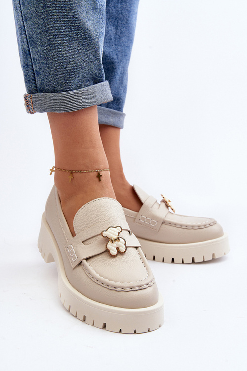 Kožené polobotky mokasíny s medvídkem CheBello 4291 světle béžové